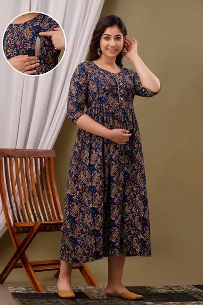 Women Printed Cotton Blend Anarkali Kurta (Blue) view 2