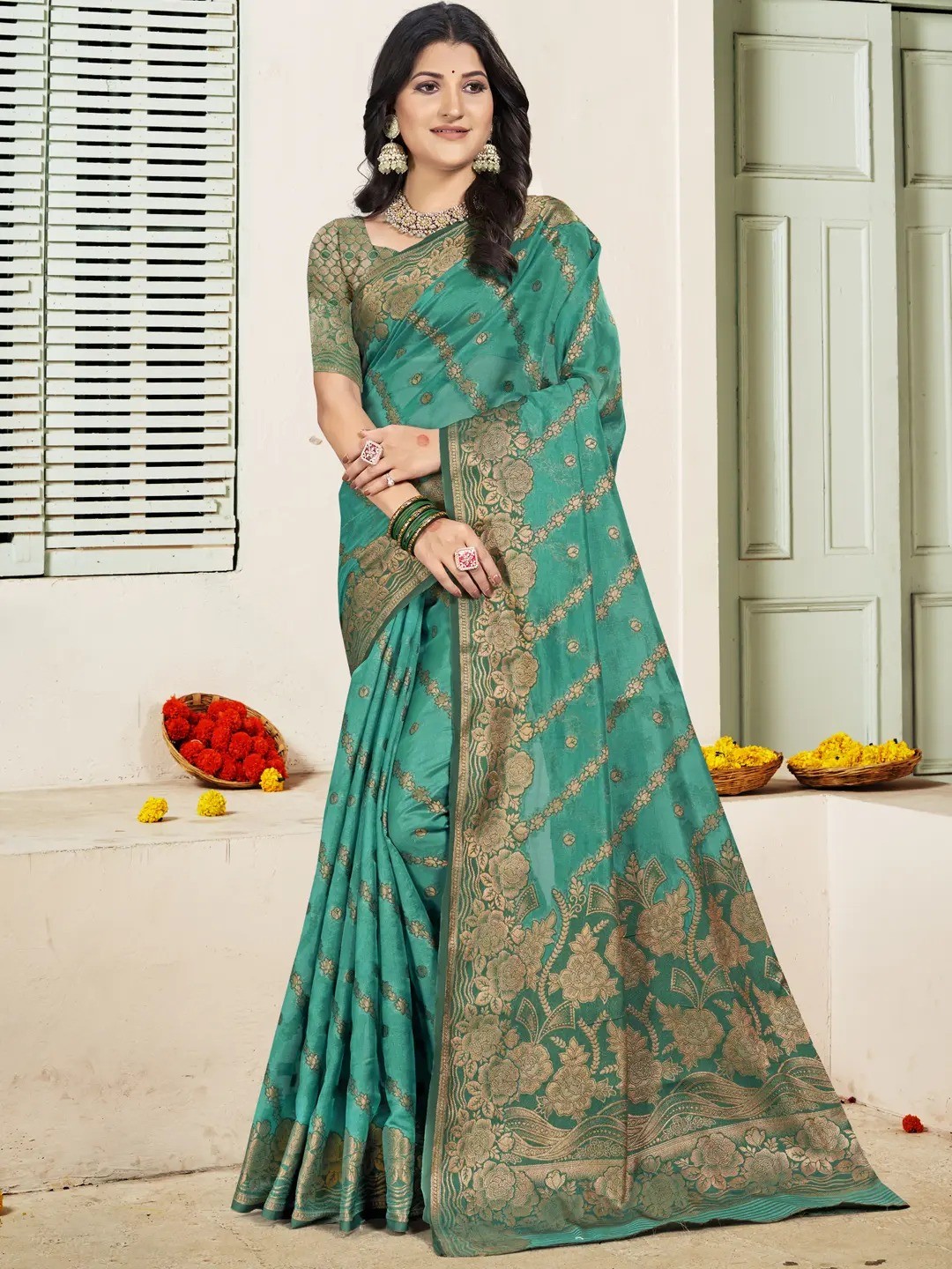 Sea Green Silk Saree view 2