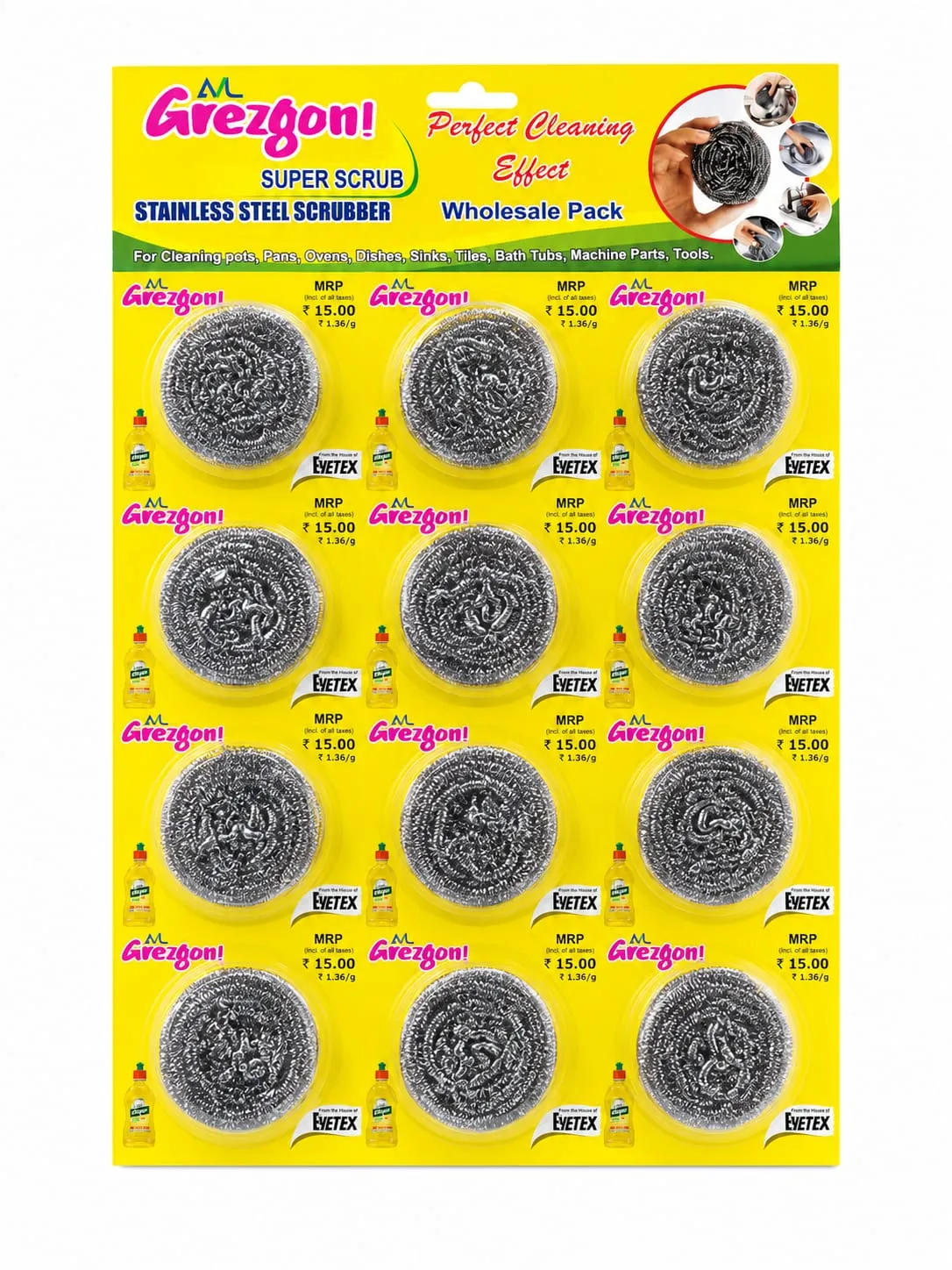 Grezgon Super Scrub Stainless Steel Scrubber, Wholesale Pack of 12 | Multi-Surface Cleaning, Kitchen & Bathroom Use, Steel Wire Scrubber, Rust-Resistant view 2