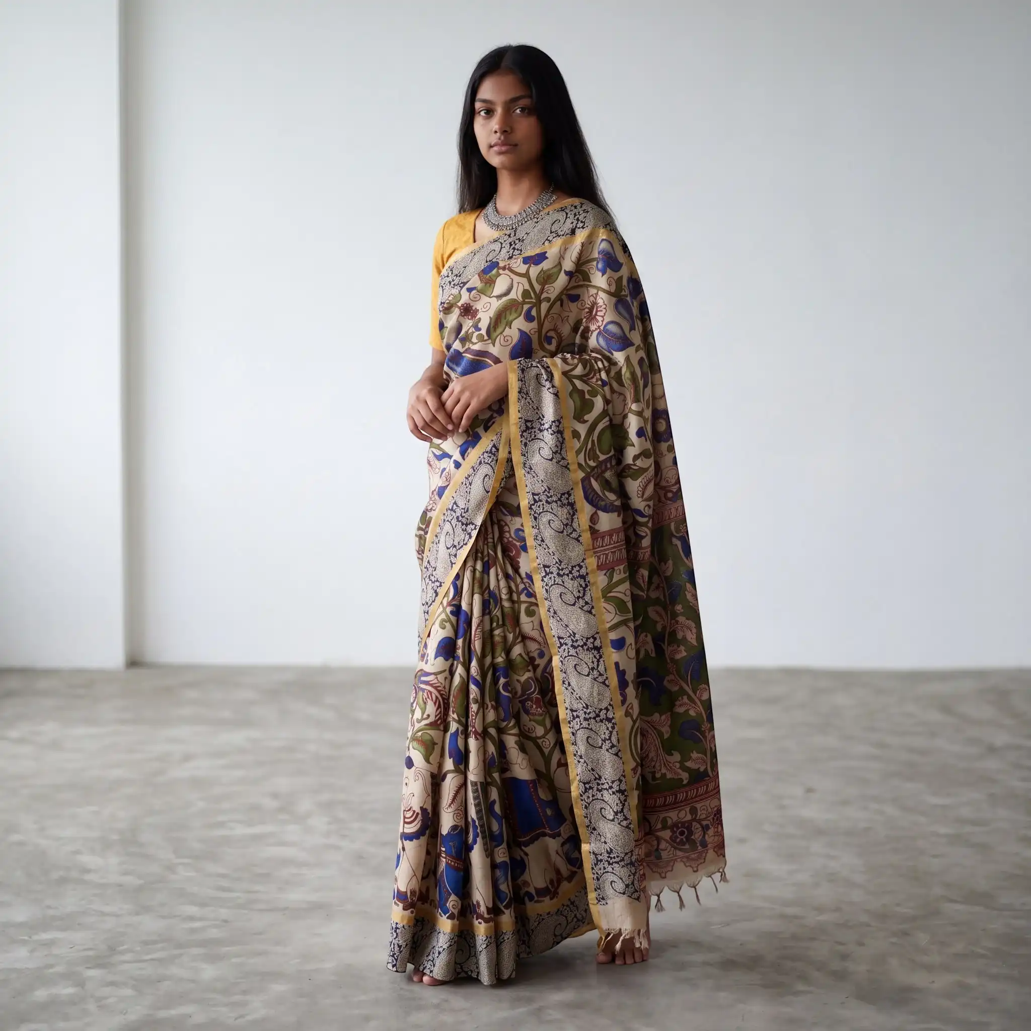 Pedana Kalamkari Semi Pattu Saree in Cream with Block-Printed Blouse view 2