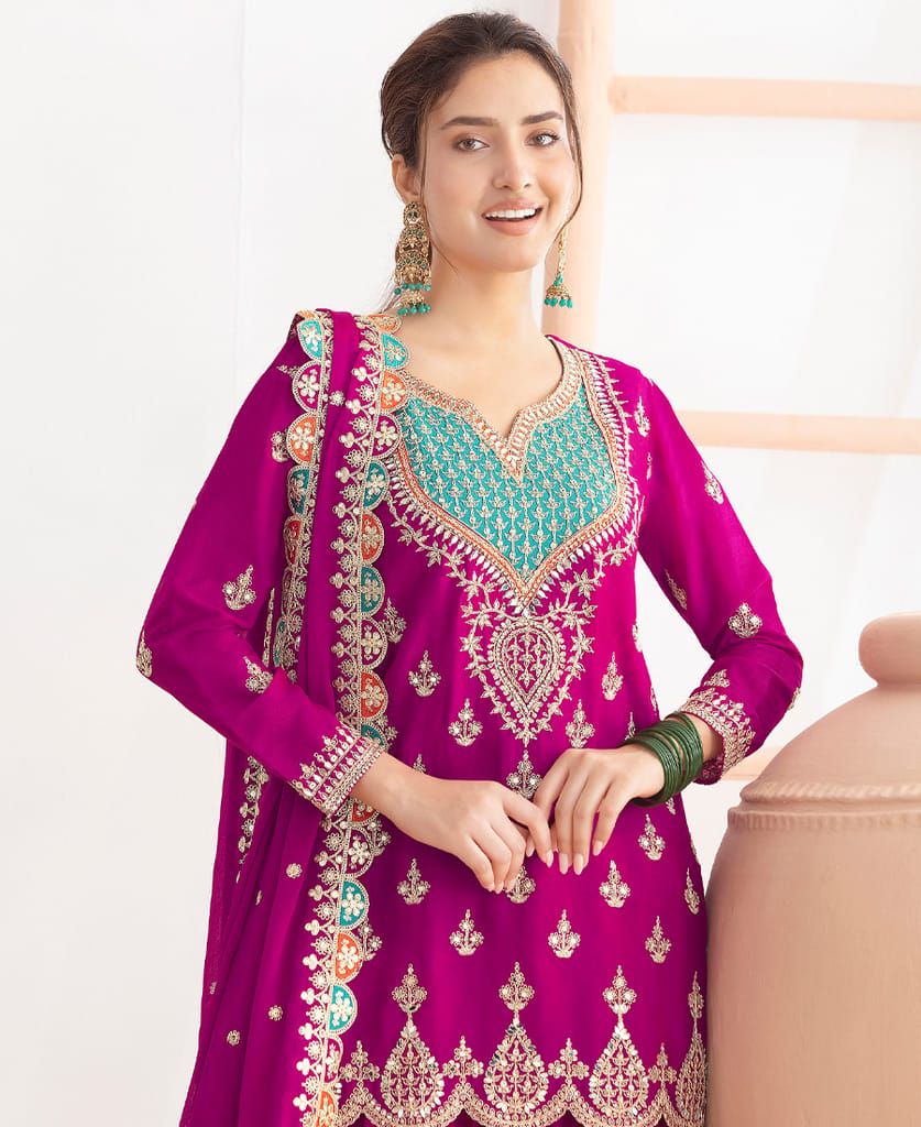 Premium Magenta Chinon Palazzo Suit for Women Wear view 2