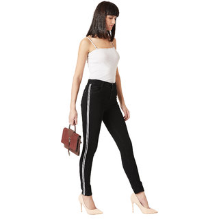 Miss Chase Women's Black Slim Fit Mid Rise Twill Tape Detailing Clean Look Acid Wash Crop Length Stretchable Denim Jeans view 2