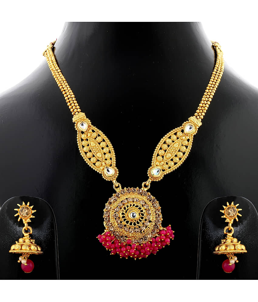 Silver Shine Alloy Golden Choker Traditional Gold Plated Necklaces Set view 2