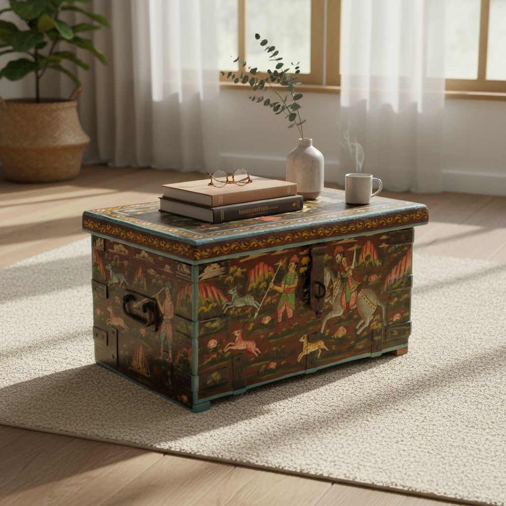 Handicraft Storage Trunk Box, Royal Painted Dowry Box, Wooden Blanket Box, Home Decors Lamp-Table view 2