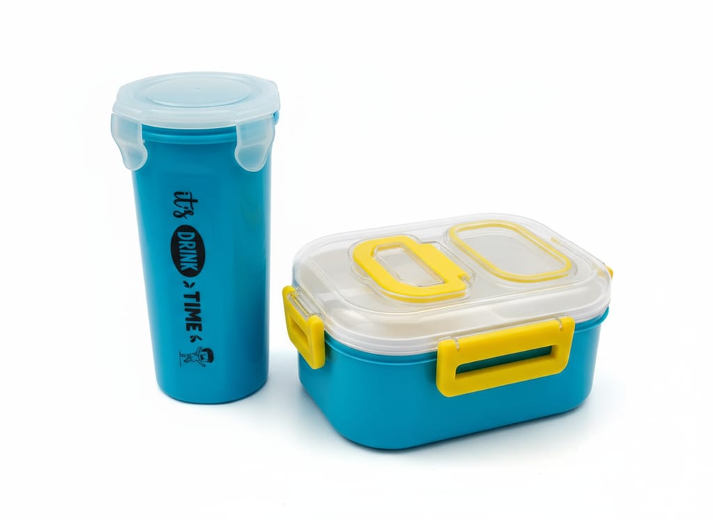 Leakproof Lunch Box & Water Bottle Combo Set | BPA-Free Food Storage Container with Secure Lock Lid & Portable Drink Bottle | Ideal for Office, School & Travel (Blue & Yellow)