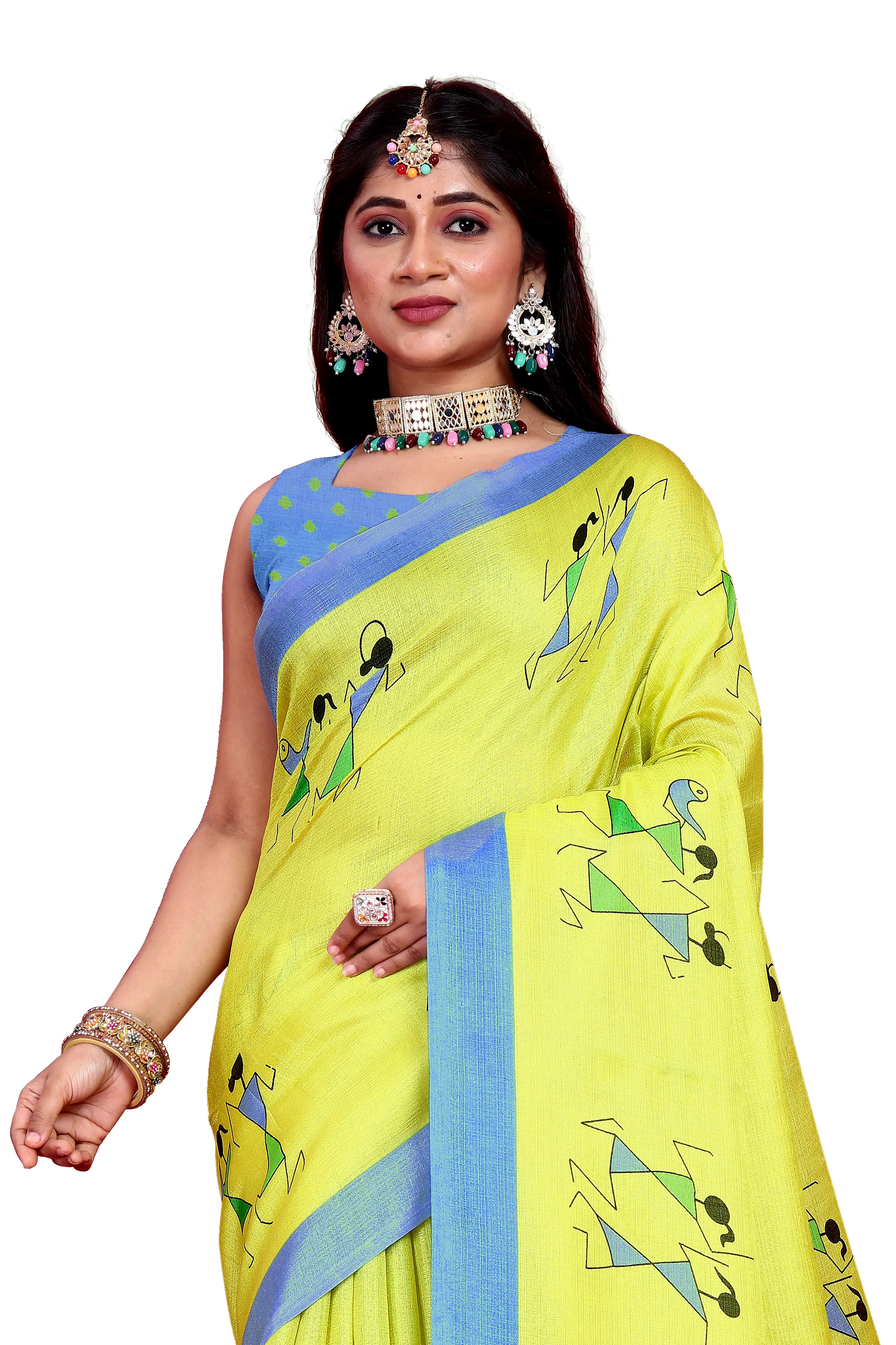 Khadi Silk Warli Printed Saree with Unstitched Blouse for Women (Color - Green) by SHIV TEXTILES view 2