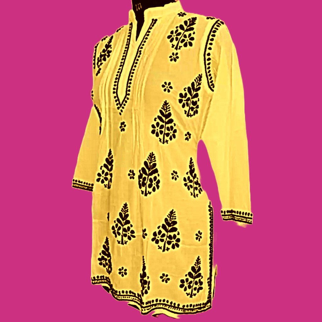 Yellow and Black Embroidered Colour Pure Cotton Chikankari Kurti view 2