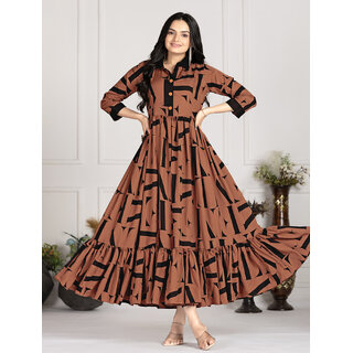 Fancy Flair Women Brown Three-Quarter Sleeves Printed Fit & Flare Dress Stylish Casual Wear