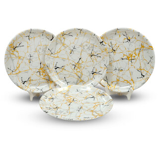 Ariya Melamine 12 Inch Dinner Plates - White Base, Golden & Black, Set of 4 | Durable, Lightweight & Easy to Clean
