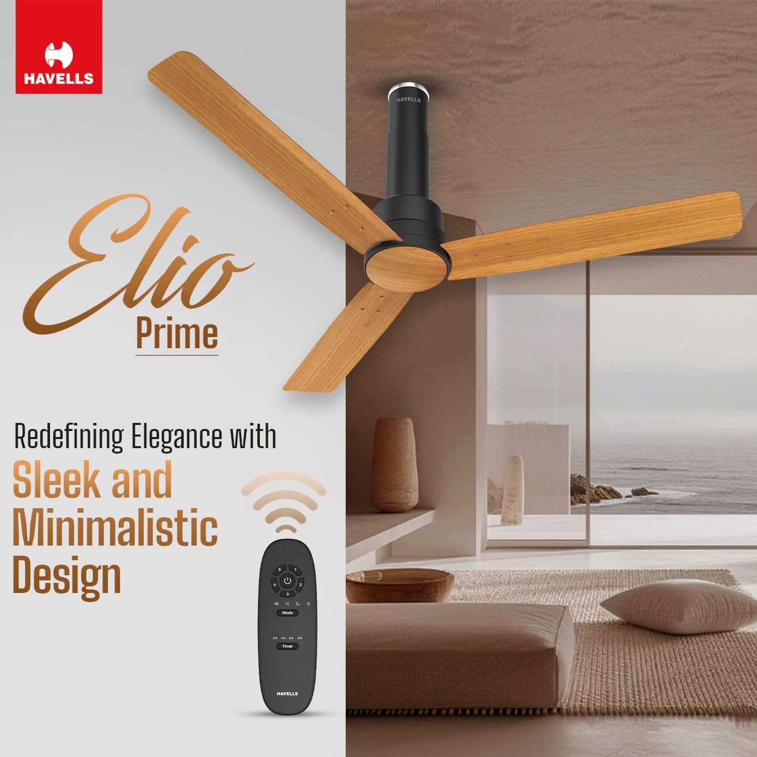 Havells 1200mm Elio Prime BLDC Ceiling Fan, Remote Controlled, High Air Delivery Fan, 5 Star Rated, Upto 60% Energy Saving, 2+1* Year Warranty - Pinewood Matte Black view 2