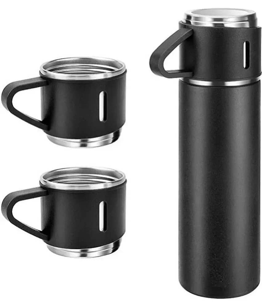 FLEXTOX 500ml Stainless Steel Black Vacuum Insulated Thermos Flask Water Bottle with 3 Tea Cups Set with Gift Box