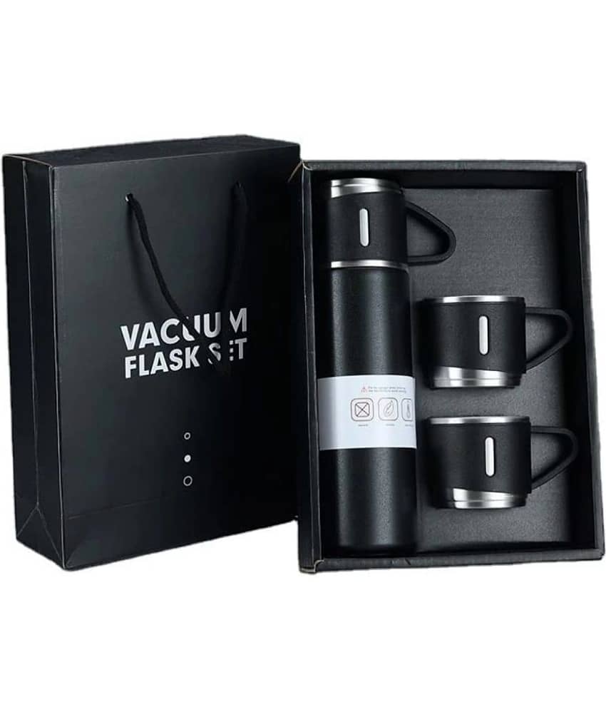FLEXTOX 500ml Stainless Steel Black Vacuum Insulated Thermos Flask Water Bottle with 3 Tea Cups Set with Gift Box view 2