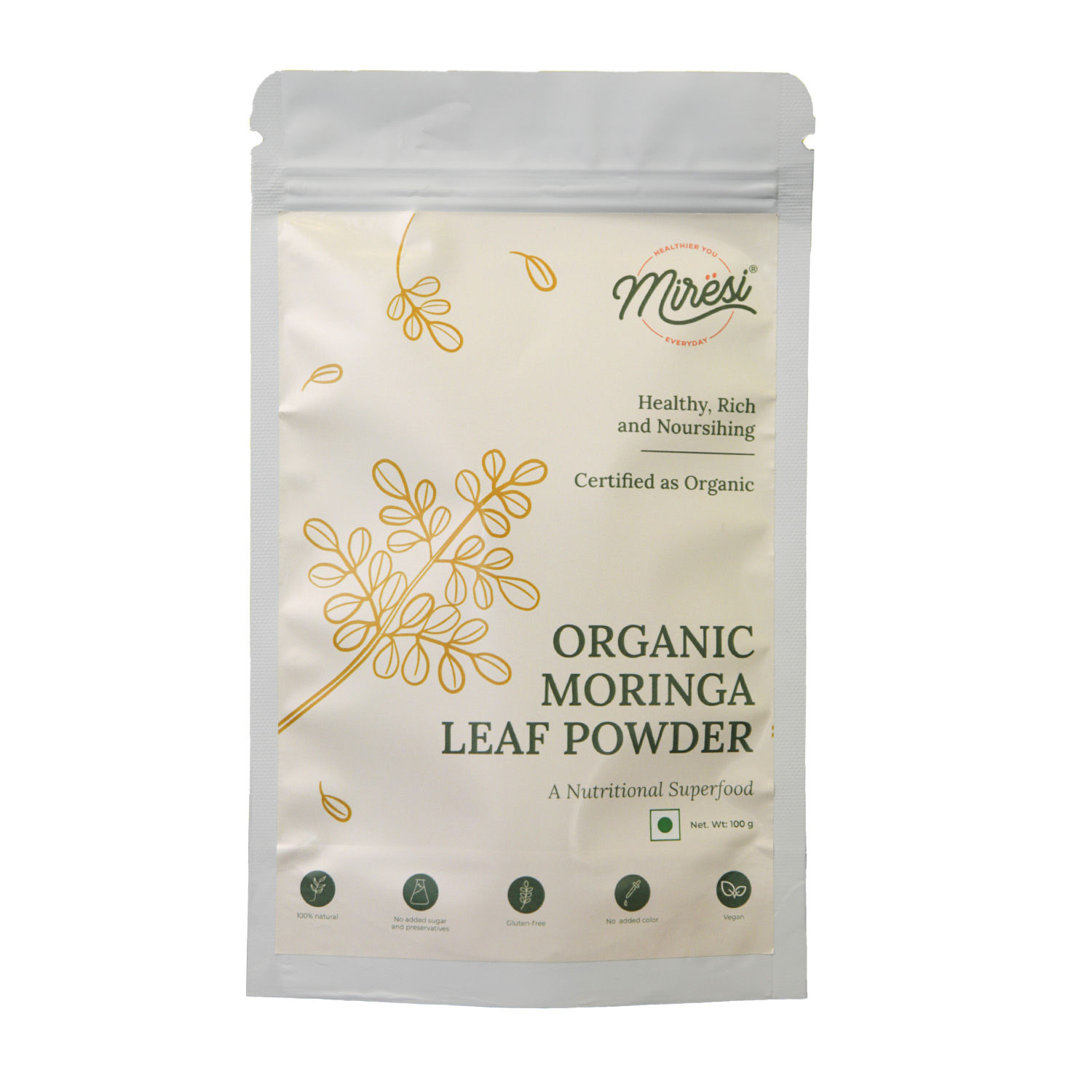 Miresi Natural & Organic Moringa Leaf Powder - Iron Rich Supplement to Boost Immunity - No Added Sugar or Preservatives, 100 gm