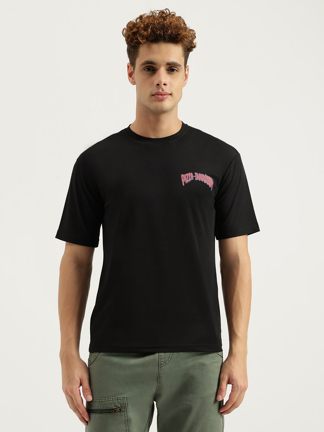 Black Pizza Invasion Back Print Oversized T-shirt view 2
