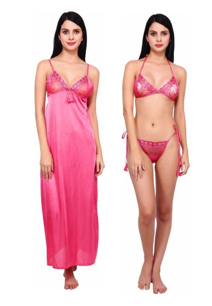 FooFaa Satin 3 Piece Nighty Night Dress Suit Nightdress Set - Babydoll/Bra/Thong Beige - Free Size view 2