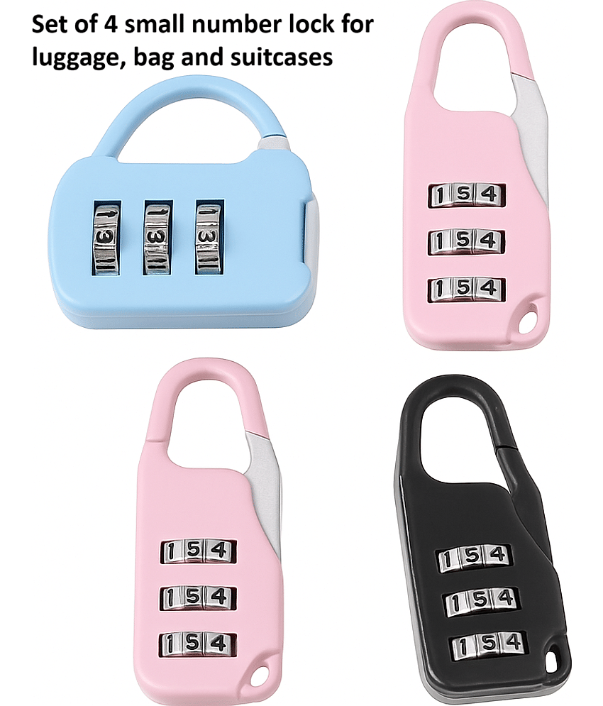 Unikkus Combo of 4 number locks , Small 3 Digits safety number combination lock for luggage, Bag, Travelling padlock