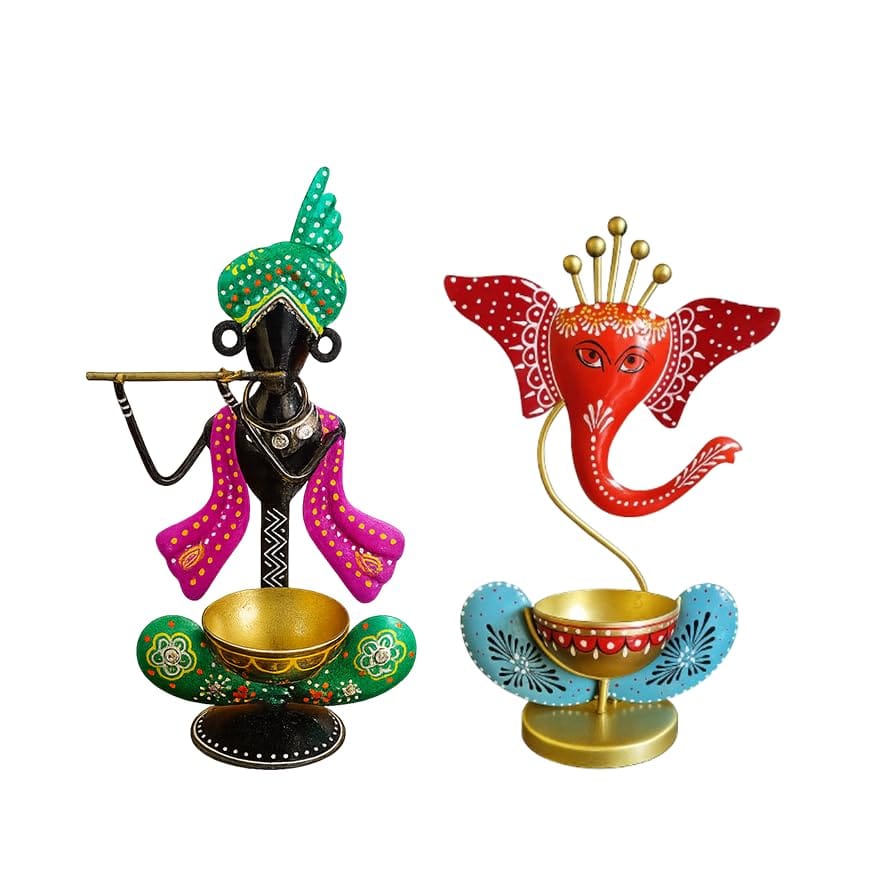 Handcrafted Metal Krishna & Ganesh Tea Light Holder Set, Traditional Hand-Painted Diya Stand, Festival Decor, Multicolour, Set of 2 view 2