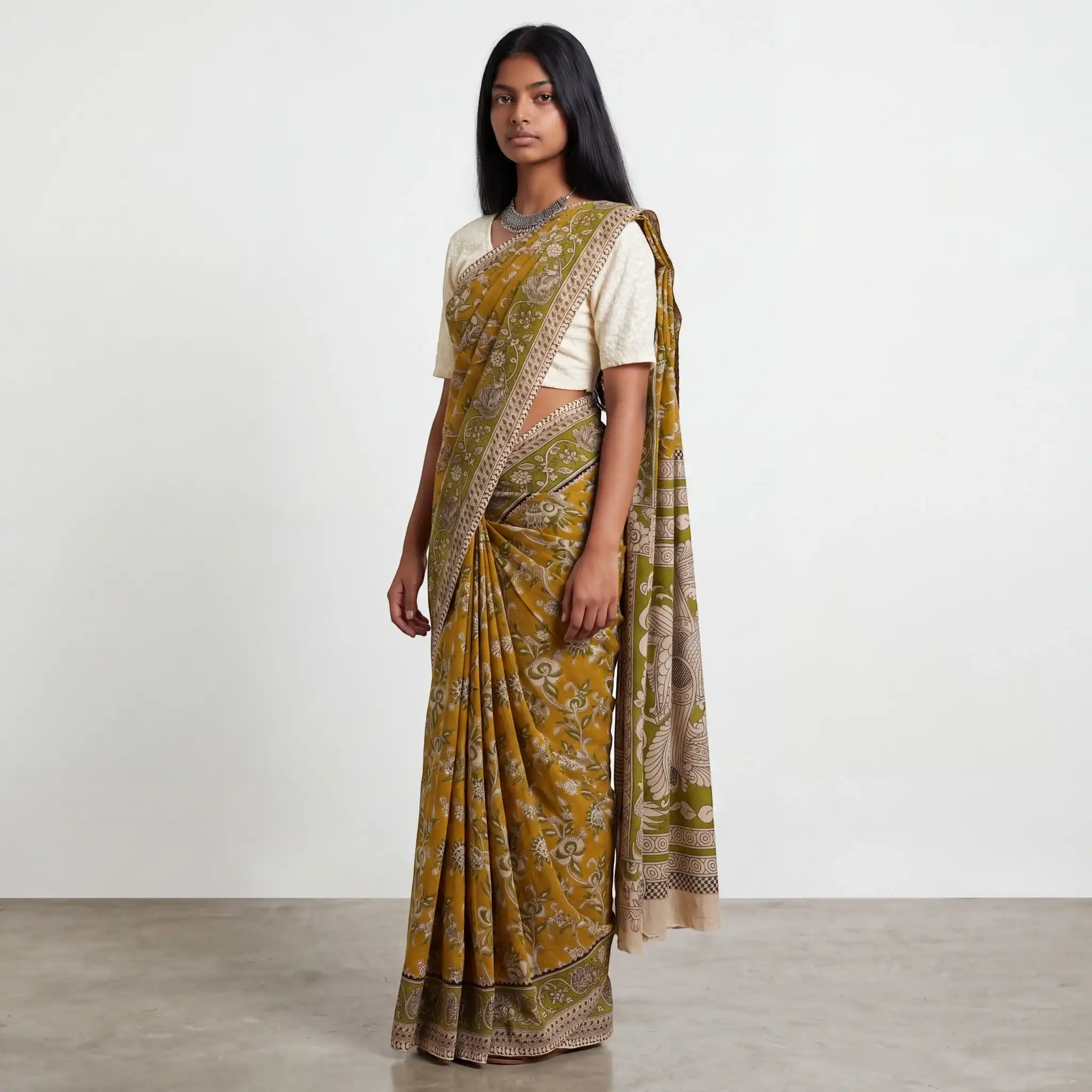 Pedana Kalamkari Print Cotton Saree Khaki Green view 2