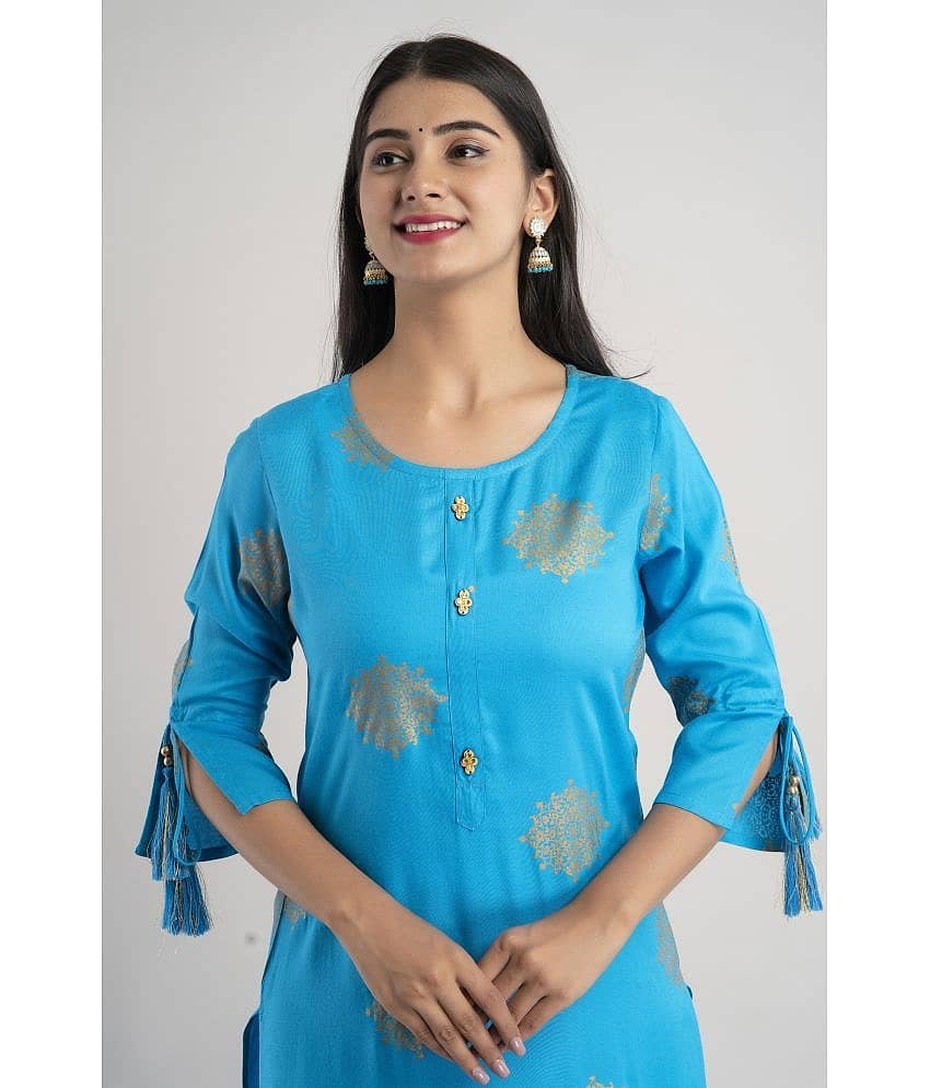 MAUKA - Blue Rayon Women's Straight Kurti ( Pack of 1 ) view 2