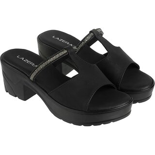Lazera Platform Heels Sandals Embellished T-Strap Upper Pattern Open Back Mules For Women Black