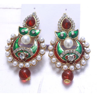 Girls Jewellery Green Red Royal Designer Gold Plated Traditional Kundan Earrings view 2