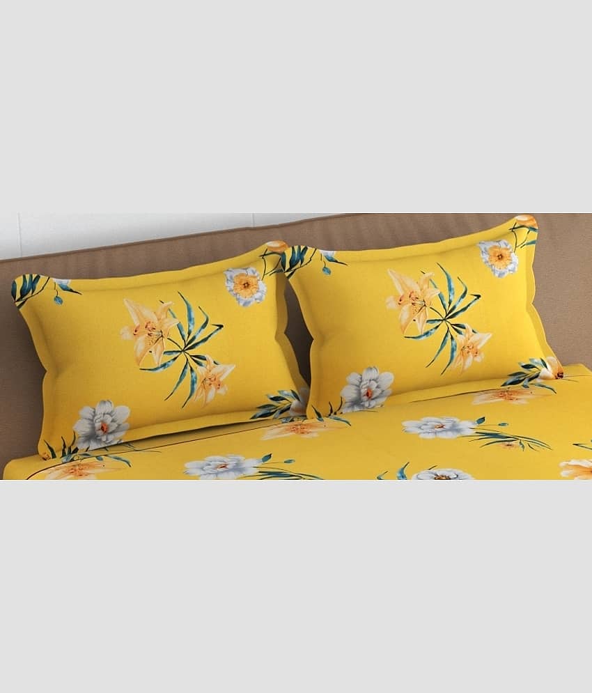 SHOMES Cotton Floral Fitted 1 Bedsheet with 2 Pillow Covers ( Double Bed ) - Yellow view 2
