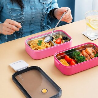 Finner 2 Layer Stainless Steel Lunch Box with Leak Proof Locking Clips, BPA Free Food Grade Container, Microwave Dishwasher Safe, Air Vent, 2 Compartments (Pink) view 2