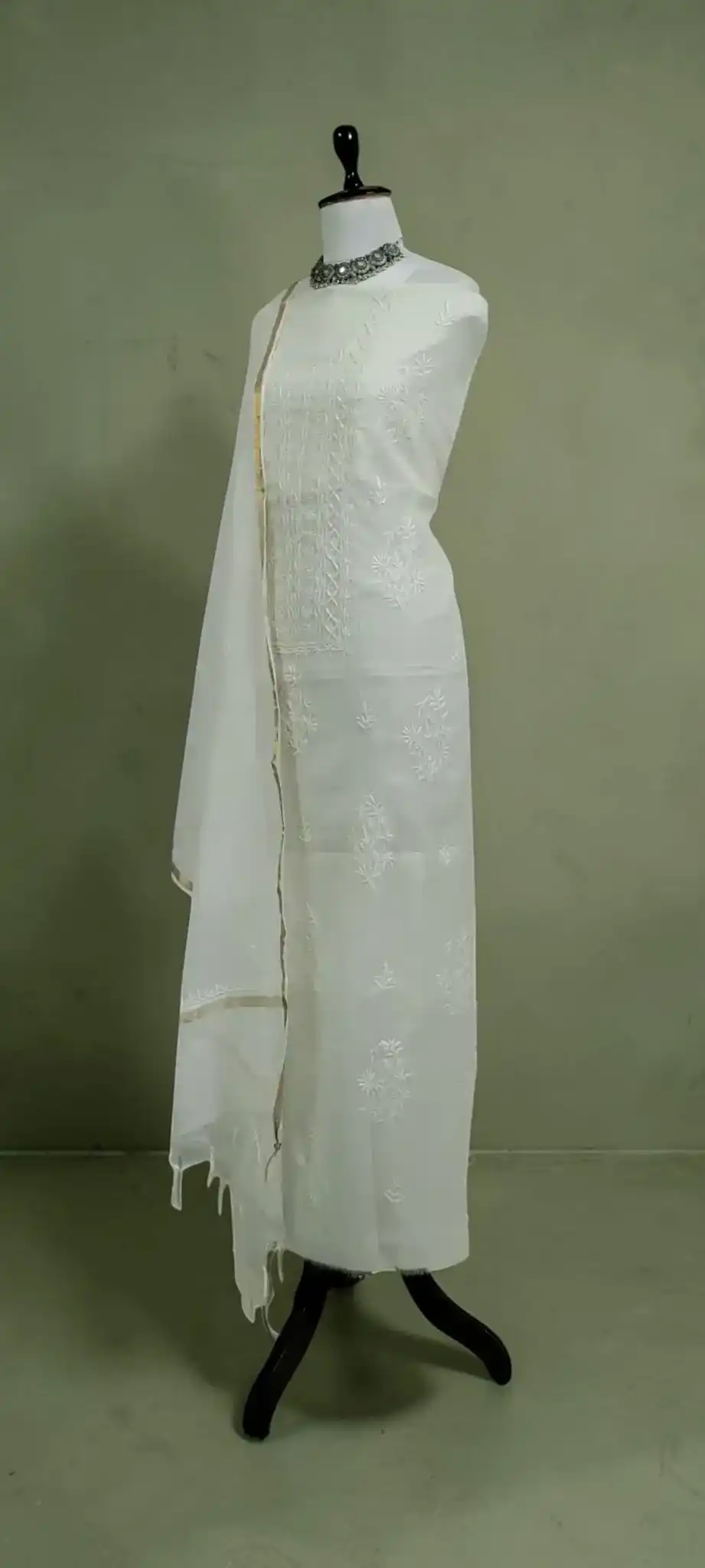 Lucknow Chikankari Mul Cotton Dress Material with Dupatta, White & Ivory view 2