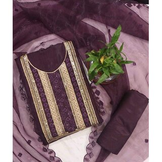 Elegant Purple Unstitched Suit with Golden Embroidery and Matching Dupatta