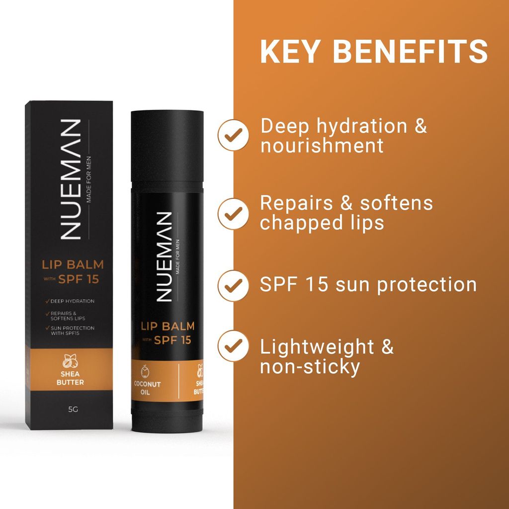 NUEMAN Lip Balm with SPF 15 | For Men | With Sunflower Oil, Shea Butter, Coconut & Cocoa Butter | Repairs Dark, Dry, Chapped Lips | Non-Sticky Texture | Dermat-Tested & Made in India view 2