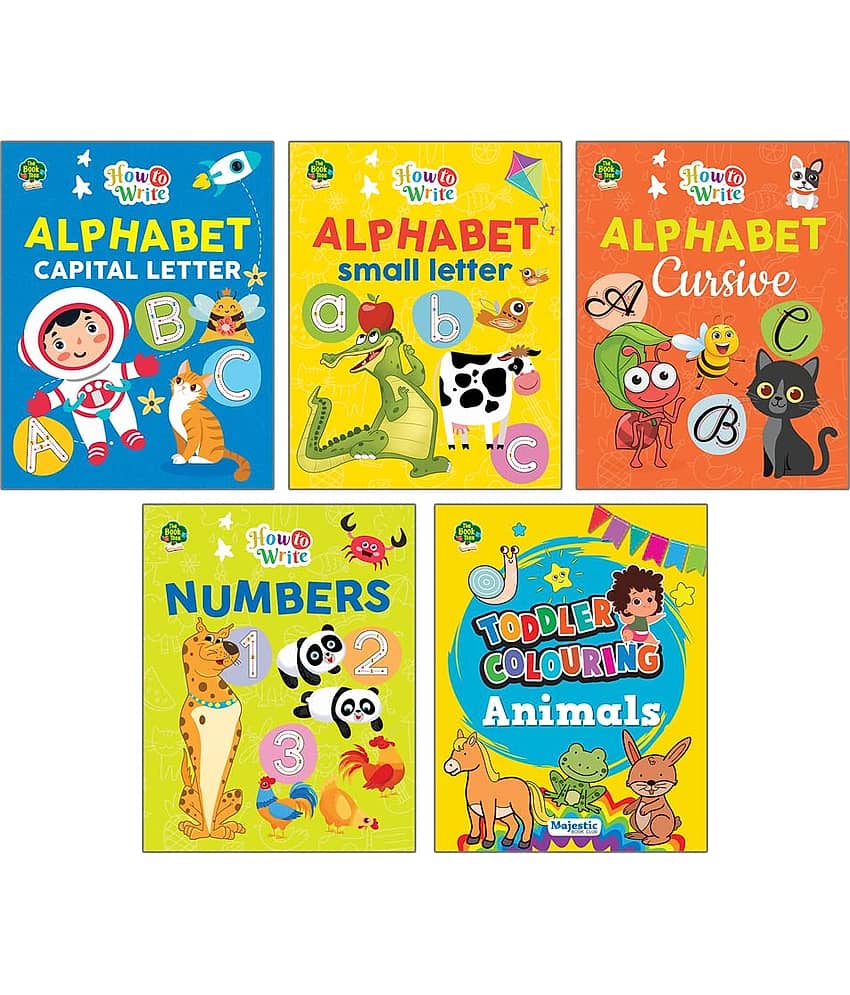 Writing Practice Books (Set of 5 Books) Fun in Writing English Capital, Small, Cursive letters, Number Writing and Animal Colouring books [Staple Bound]