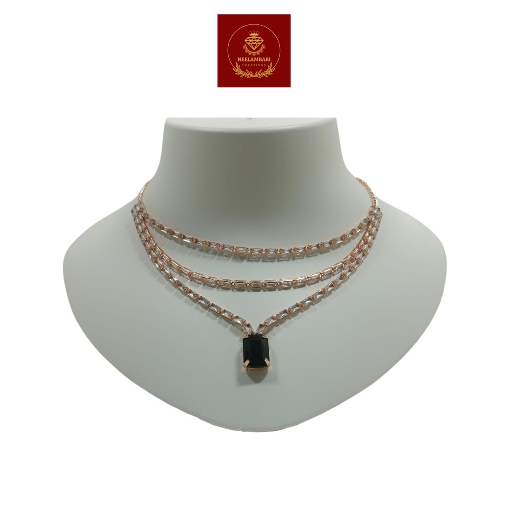 Jia Luxury Handcrafted Rose Gold Plated Necklace Set with Earrings, Black Gemstones view 2