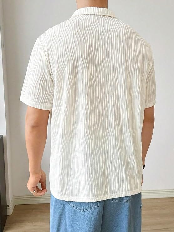 White Pleated Short Sleeve Polo Shirt for Men view 2