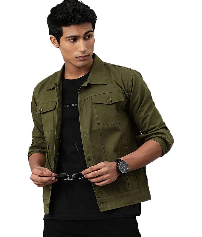 52dealz Cotton Blend Men's Denim Jacket - Olive ( Pack of 1 ) view 2