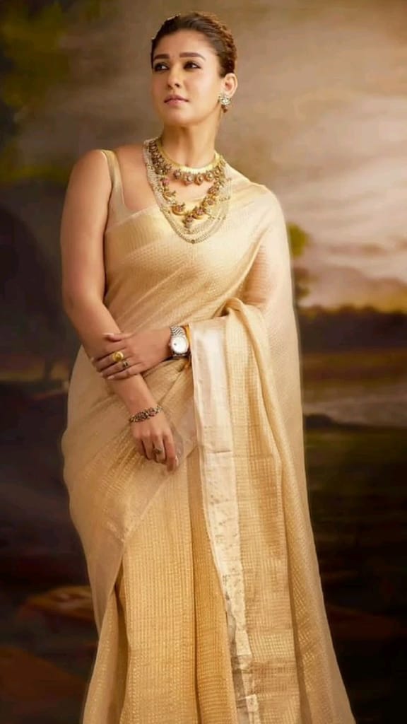 Celebrity Style Nayantara Saree – Elegant Tissue Silk with Gold Zari Work
