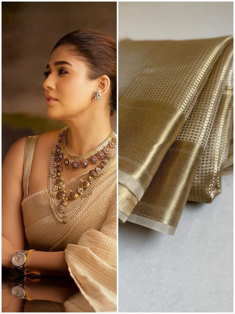 Celebrity Style Nayantara Saree – Elegant Tissue Silk with Gold Zari Work view 2