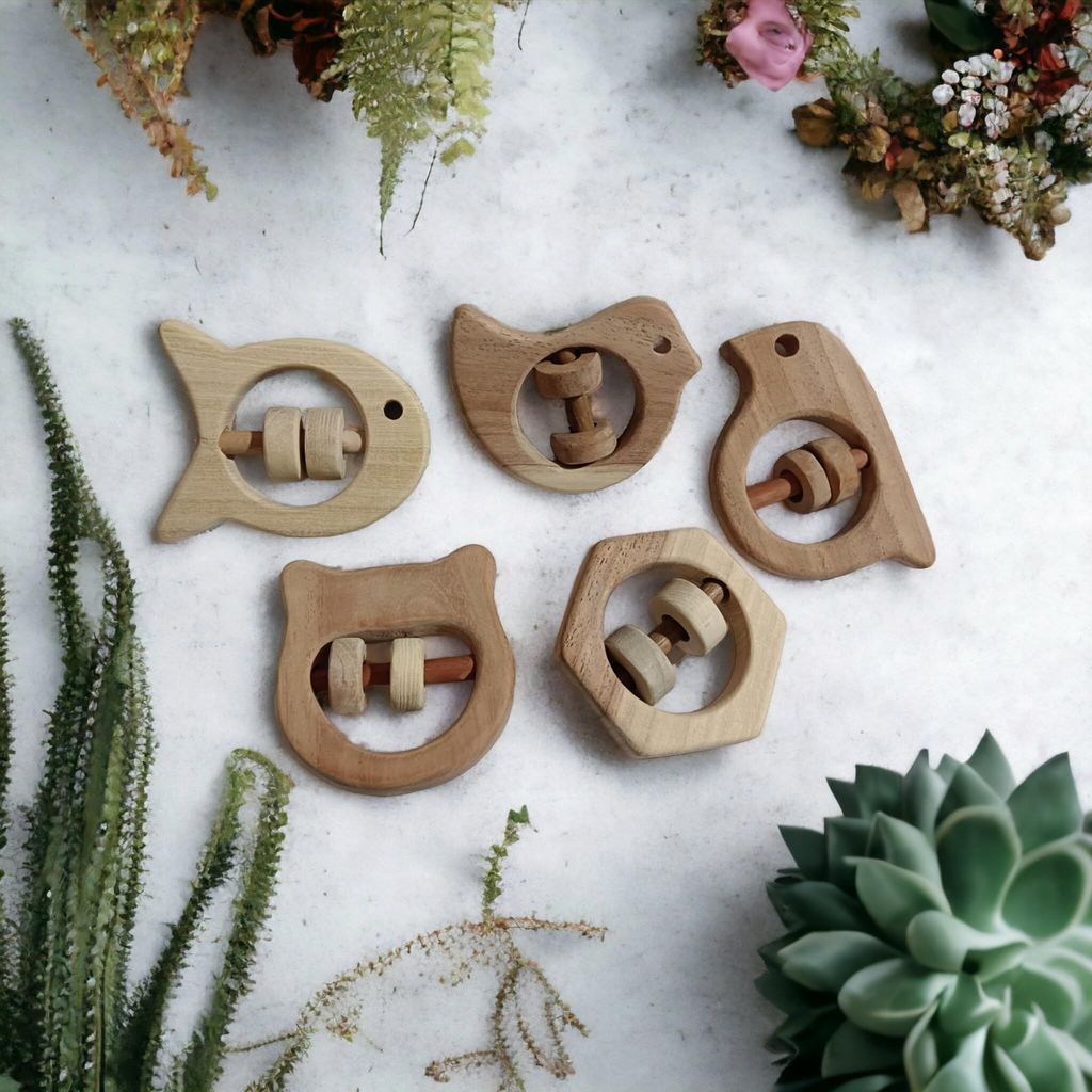 Neem Wooden Rattles for Cognitive Developement of Kids of Ag 0 to 3 Years - 5 Unique Shapes view 2