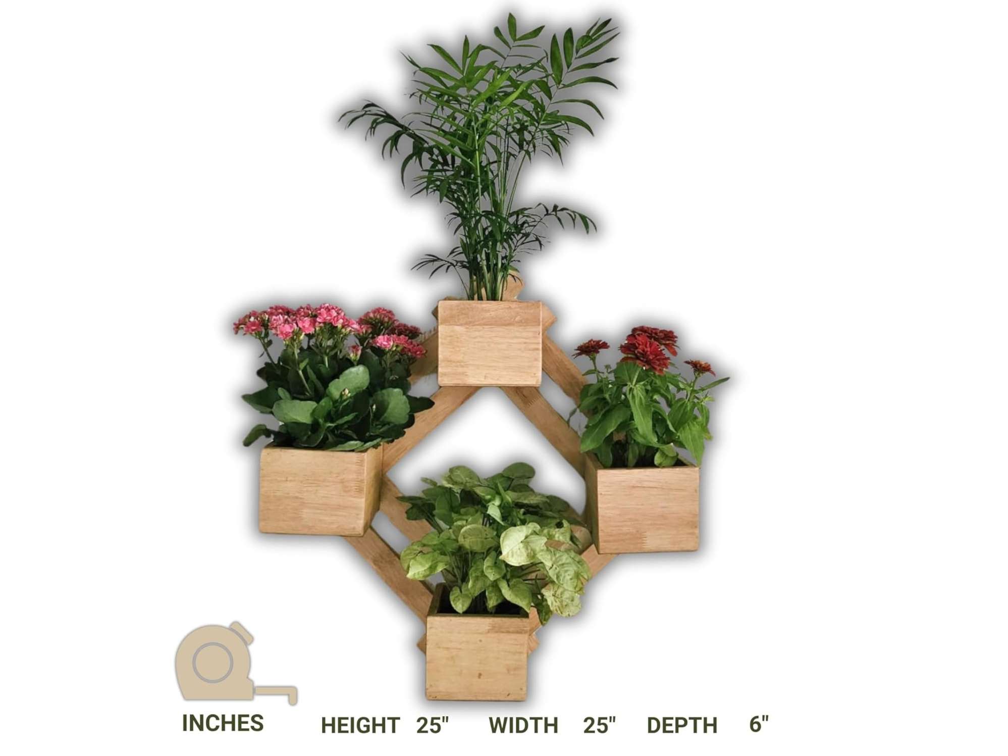 BARISH - Wall Mounted Planter - Diamond | Handcrafted with Rubberwood | Indoor Planter Frame with Stand 25" x 25" x 6" Inches - Tobacco Brown