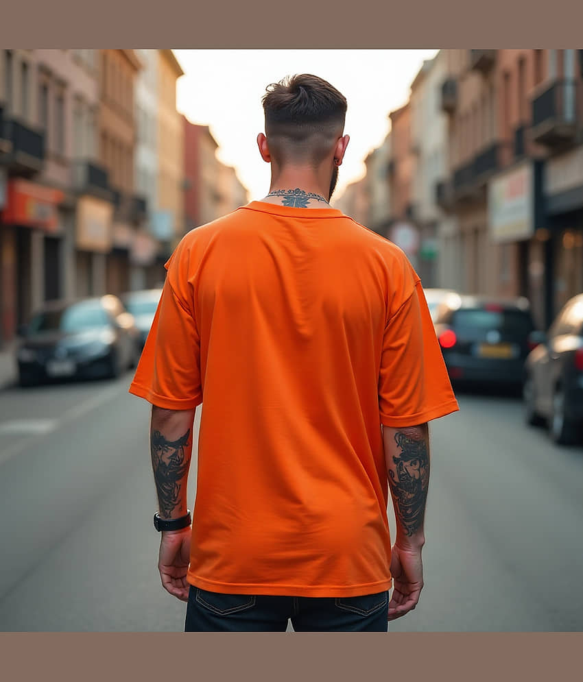 RodZen Cotton Blend Oversized Fit Printed Half Sleeves Men's Round T-Shirt - Orange ( Pack of 1 ) view 2