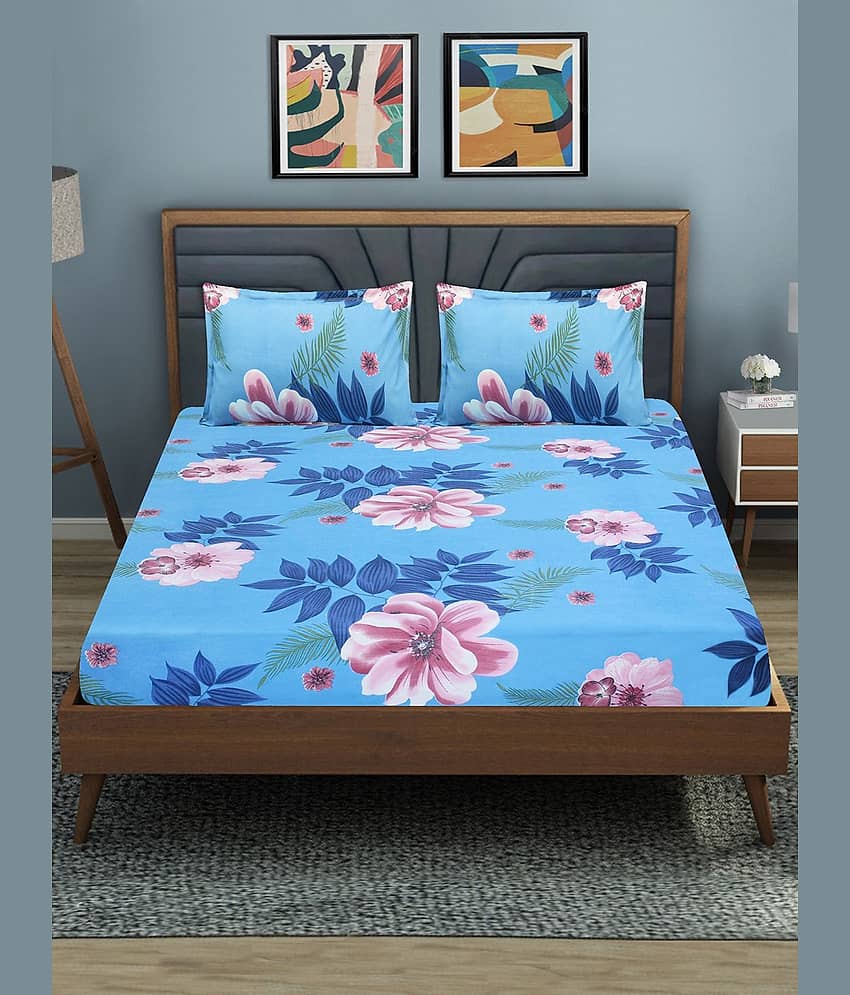 Home Candy Microfibre Floral 1 Bedsheet with 2 Pillow Covers - Blue view 2