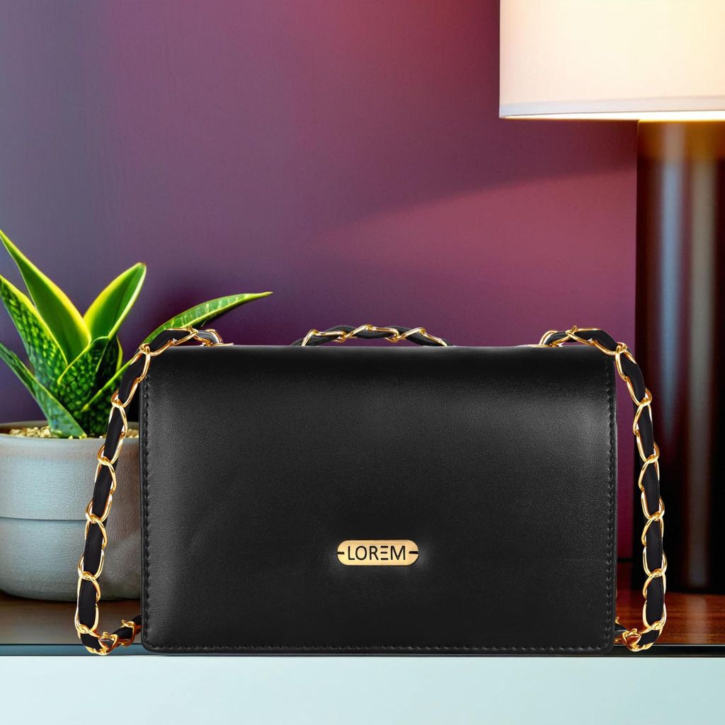 LOREM Faux Leather Handbag, Chain Strap, Magnetic Lock, Black view 2