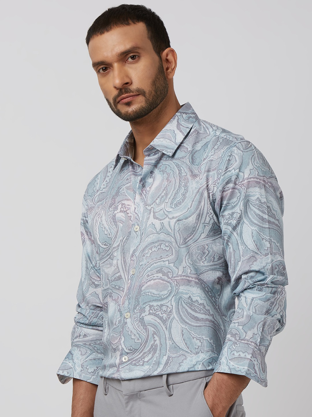 Grey Paisley Print Slim Fit Casual Shirt view 2