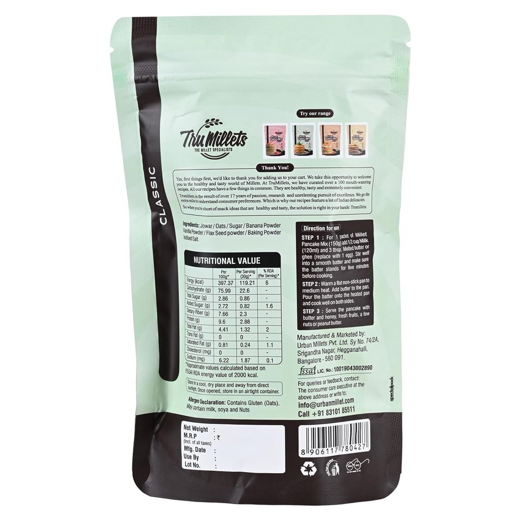 Trumillets Classic Millet Pancake | Instant Breakfast Mix | 100% Vegetarian Eggless Healthy Breakfast for Kids & Adults | No Added Maida | No Refined Sugar |Gluten Free (Each 150 Gm Pack of 2) view 2
