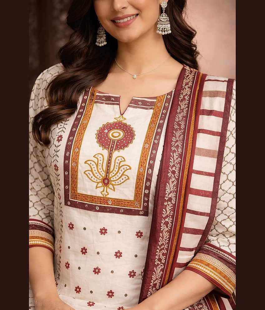 Aarika Women Cotton Embellished Straight Kurti With Palazzo ( Cream ) view 2