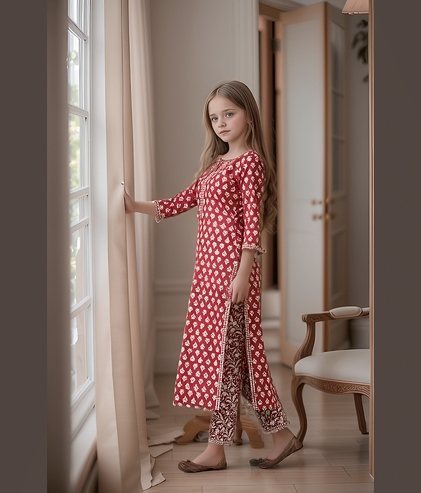 Aarya Designer Girls Cotton Blend Kurta with Trouser ( Pack of 1 , Pink ) view 2