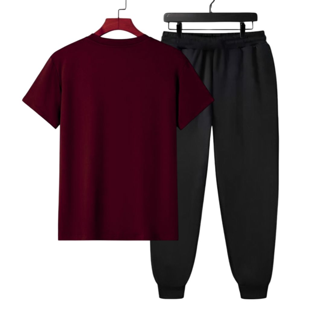 HAZAWA Men's colorblock Tracksuit, T-Shirt & Black Jogger Pants, trendy new collection, Stylish Co-ord set, New Collection , Gymwear, Maroon view 2