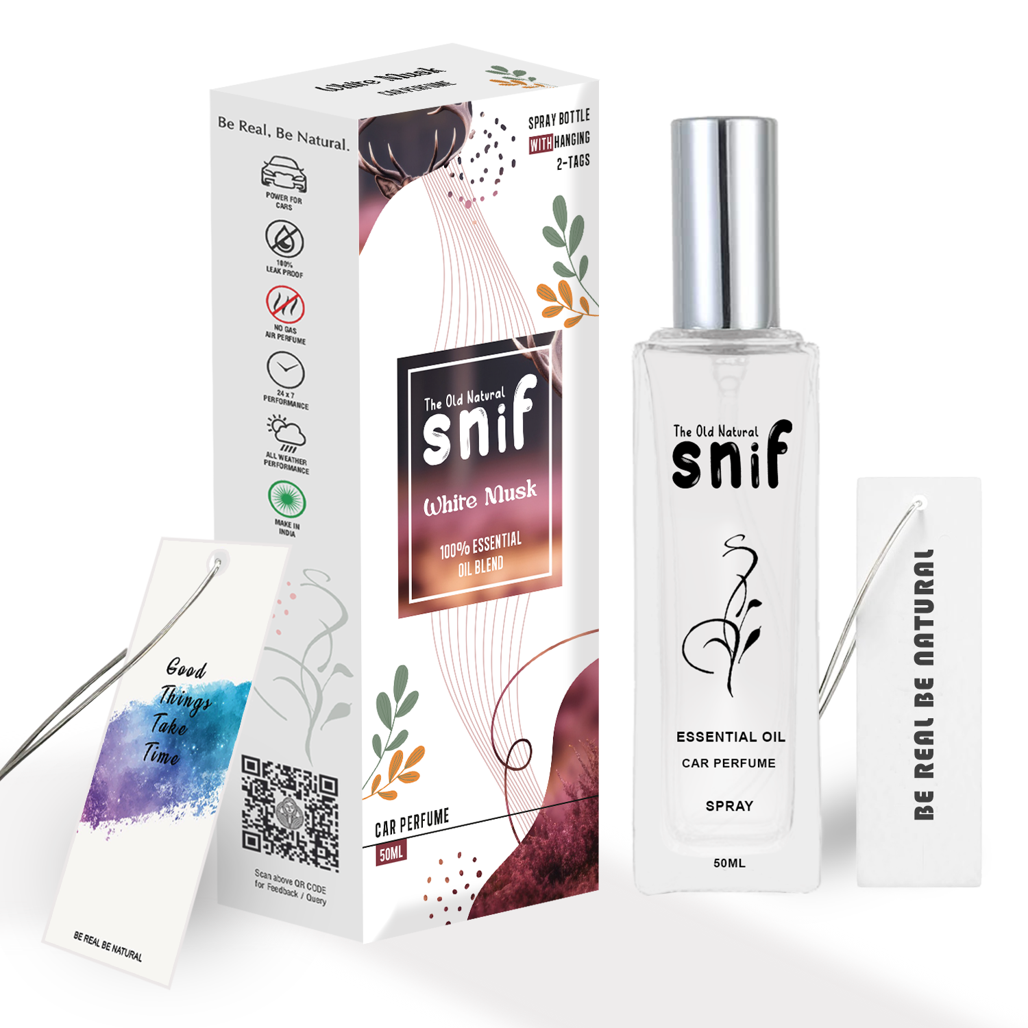 The Old Natural Spray Car Perfumes with Essential Oils Fragrance in Glass bottle with 2 Hanging Tags | Car Air Fresheners 50ml (White Musk)
