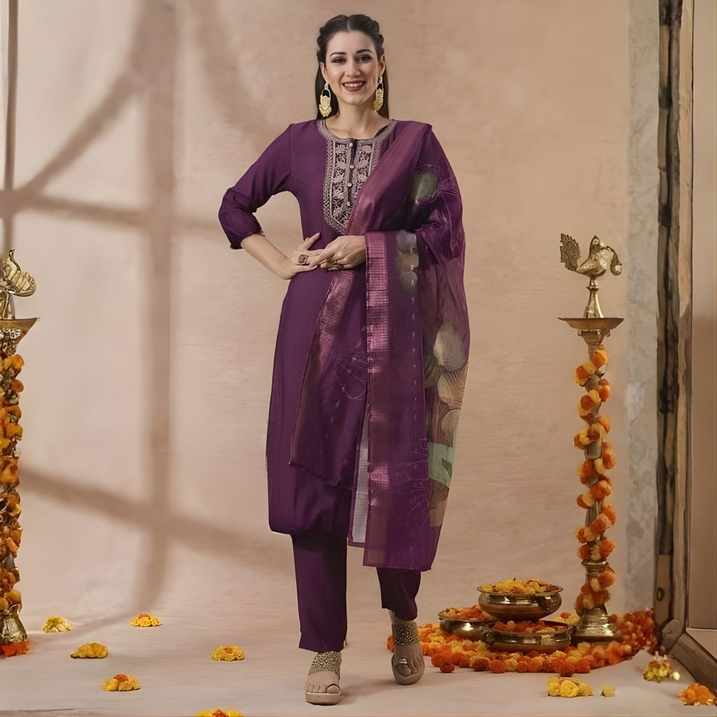 FreHee Women's Wine Magic Cotton Embroidered Kurta Pant Set with Digital Printed Chanderi Dupatta