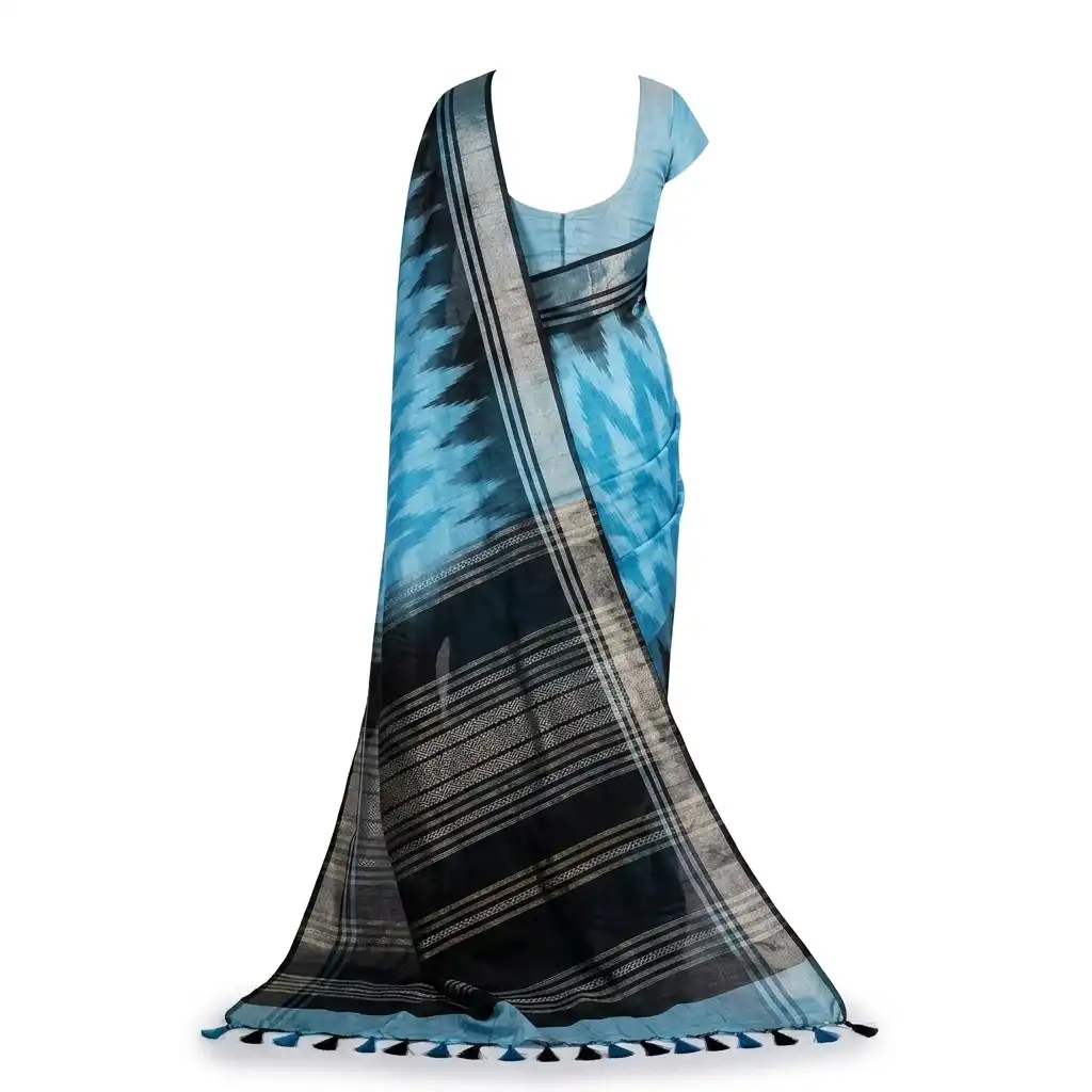 Turquoise Blue Printed Handloom Saree | Ethnic Woven Cotton view 2