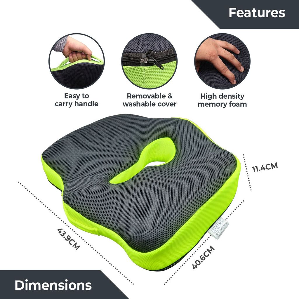 Sleepsia Advance Orthopedic Coccyx Seat Cushion/Pillow with Memory Foam for Sciatica, Tailbone and Back Pain Relief (Black/Green) view 2